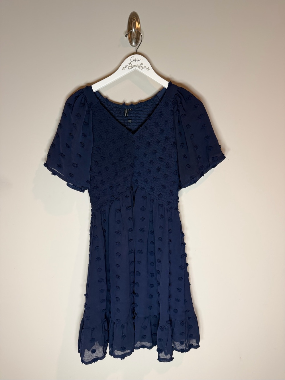 NWT Zattcas Navy Blue Swiss Dot Smocked Flutter Sleeve Dress M